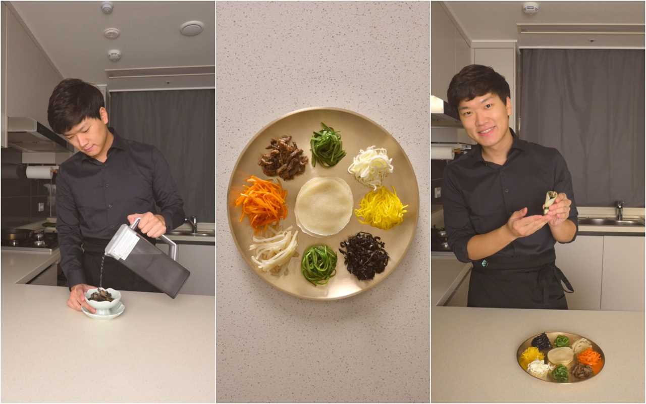 In a humble home kitchen, a young man clad in black prepares a colorful Korean meal that's arrayed around the perimeter of a round dish - like numbers on an analog clock - and then demonstrates how to eat it.