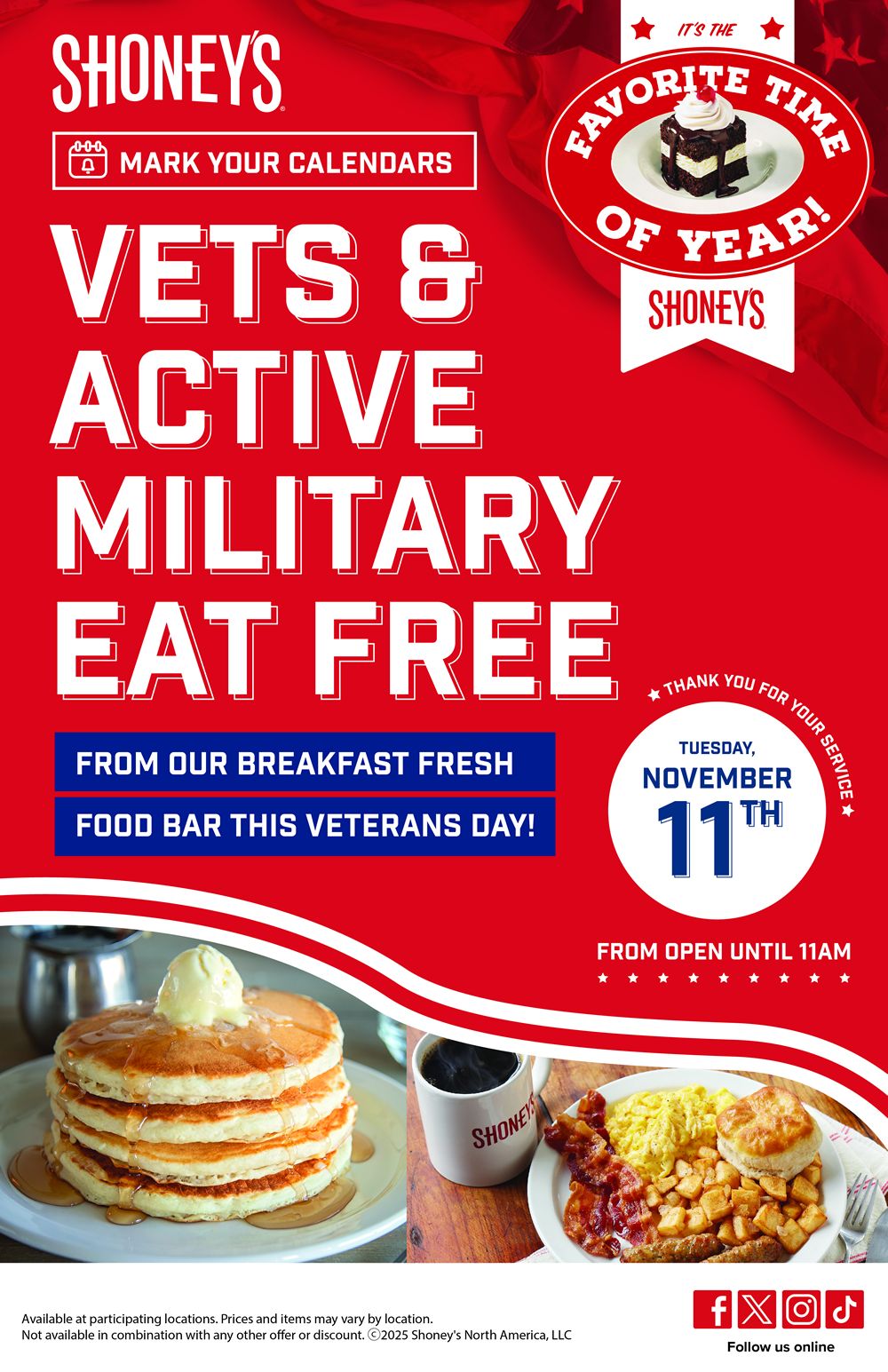 Shoney's Set To Express Its Deepest Gratitude for Veterans and Troops on Veterans Day by Giving Them the Best Breakfast in Town, With Its Freshly Prepared Legendary Breakfast Bar, for Free