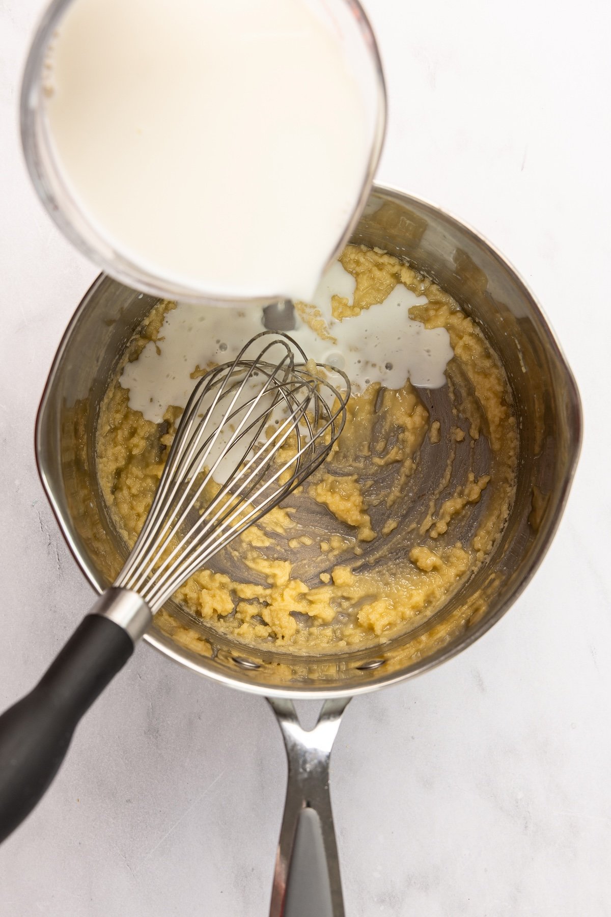 warm milk added to flour/butter mixture in medium saucepan