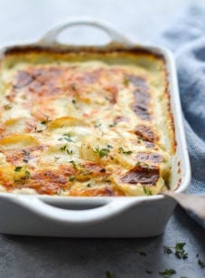 Casserole dish of potatoes au gratin.