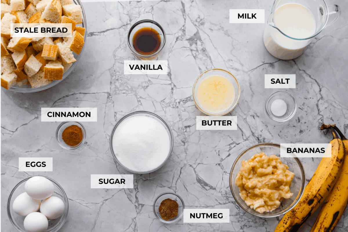 Overhead shot of labeled ingredients. 