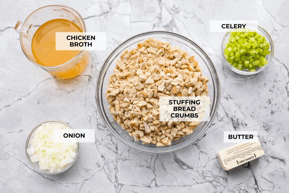 Overhead shot of labeled ingredients. 