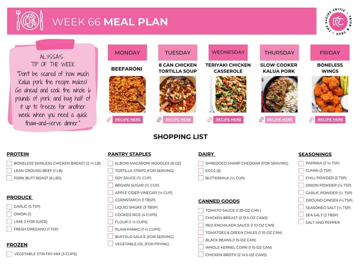 Picture of the printable shopping list for this weekly meal plan. 
