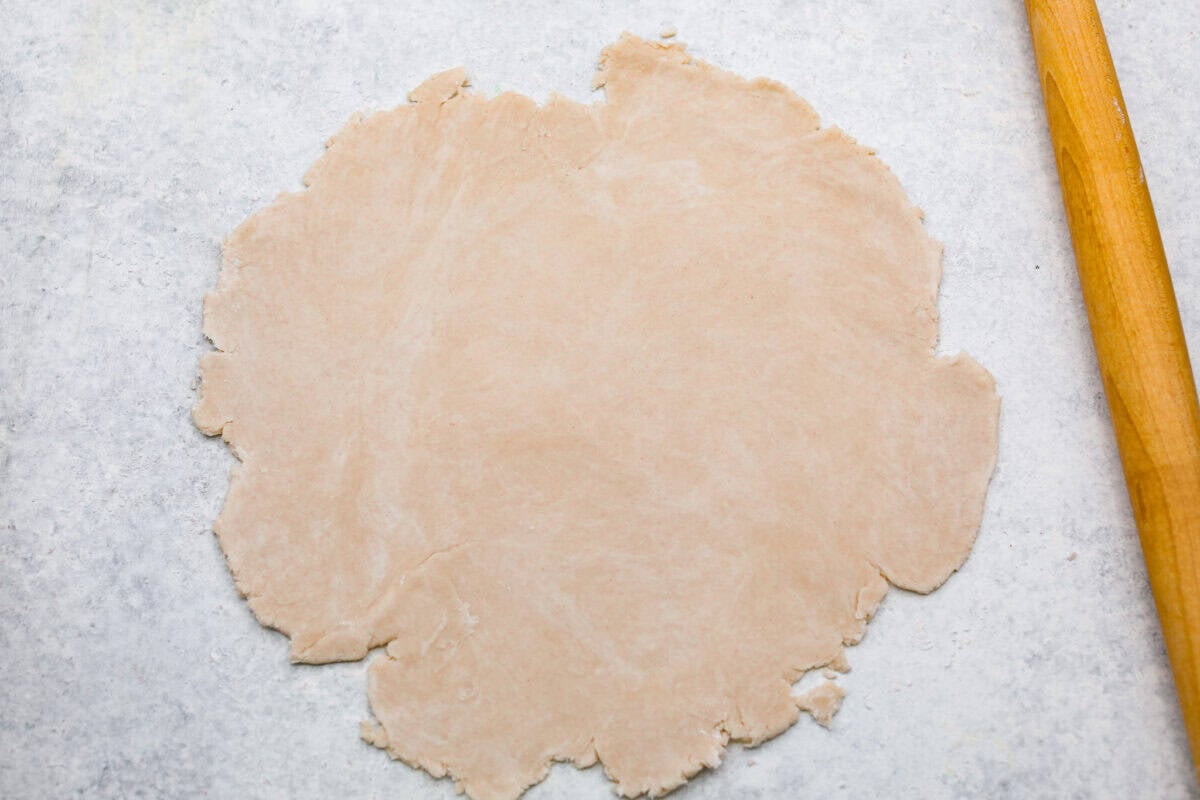 Dough rolled out into a circle. 