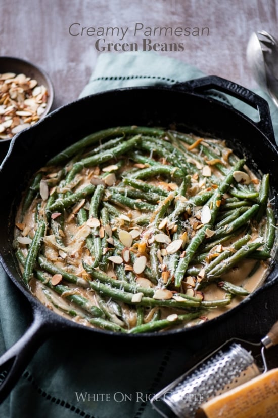 Creamy Green Beans Recipe with Parmesan Cheese for Thanksgiving Green Beans | @whiteonrice Creamy Green Beans Recipe with Parmesan Cheese in a skillet