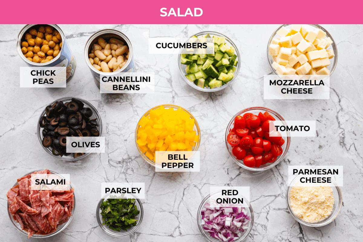 Overhead shot of labeled dense bean salad ingredients. 