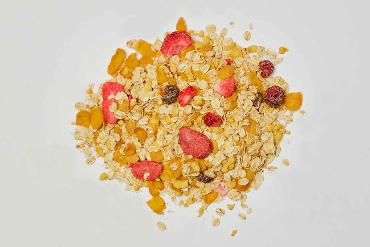 Molino Nicoli-Protein muesli with red fruits. Healthy breakfast cereal with oats, strawberries, and other dried fruits.