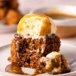 sticky toffee pudding topped with ice cream