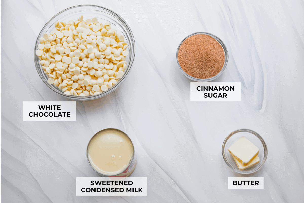 Overhead shot of labeled churro fudge ingredients. 