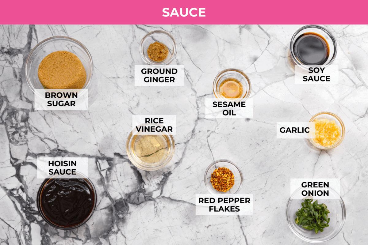 Overhead shot of labeled sauce ingredients. 