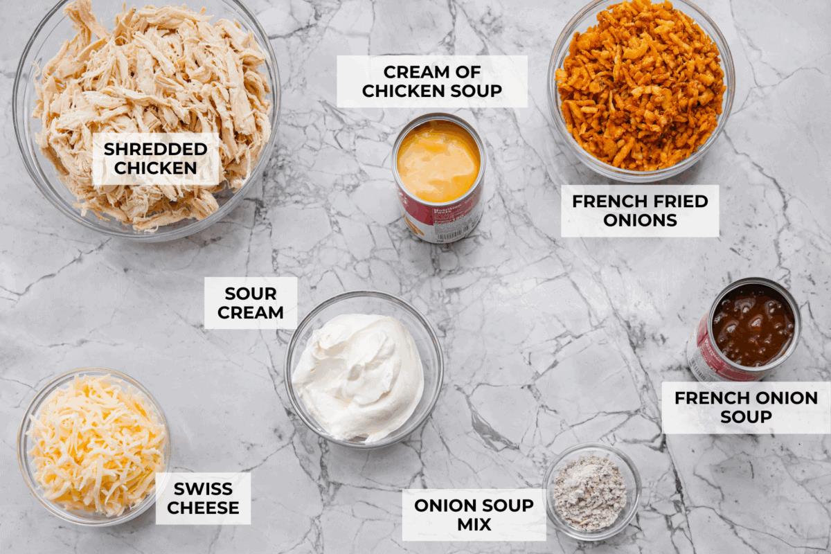 Overhead shot of labeled ingredients. 