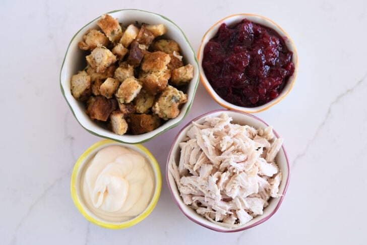 Bowl with stuffing, bowl with cranberry sauce, bowl with mayonnaise, and bowl with shredded turkey.
