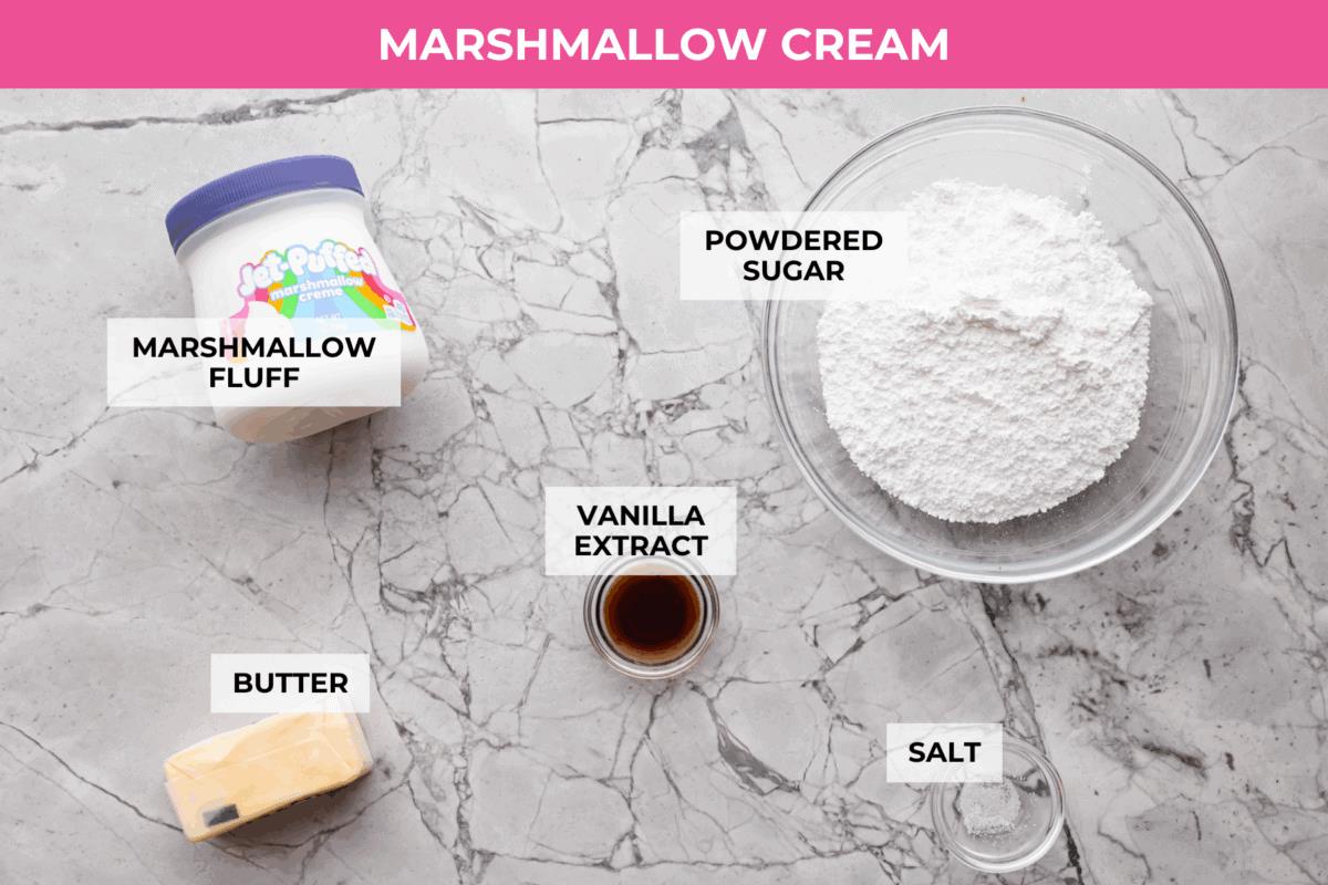 Overhead shot of labeled marshmallow cream ingredients. 