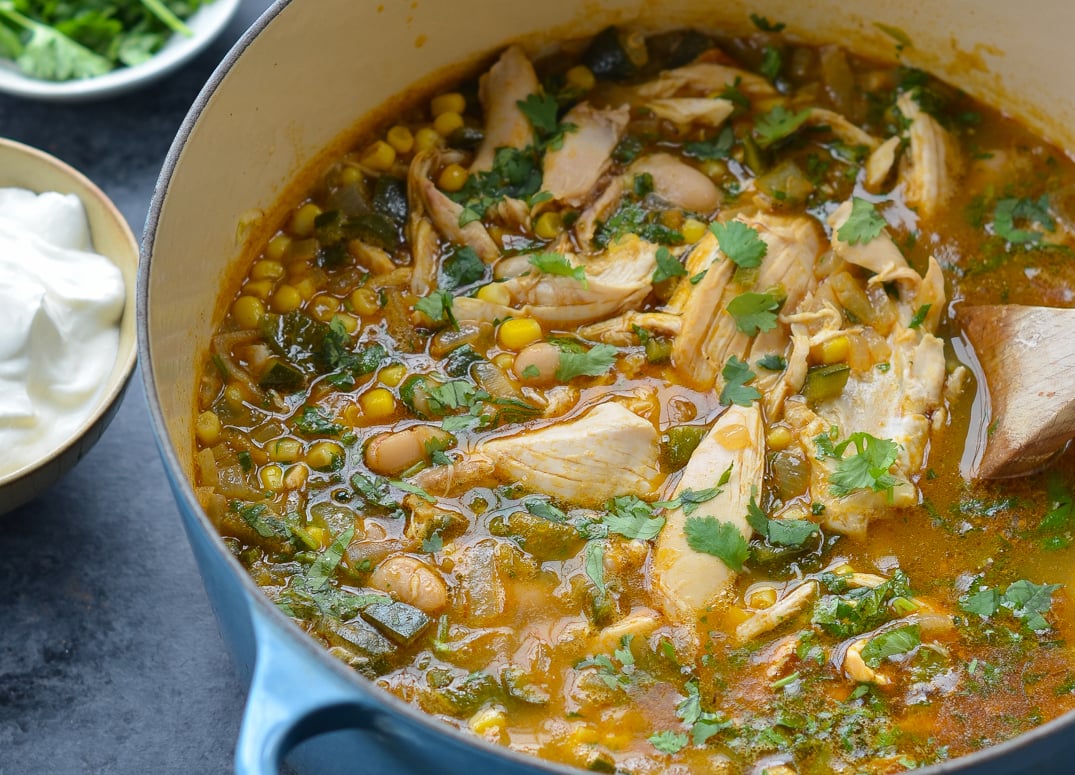 white chicken chili in Dutch oven