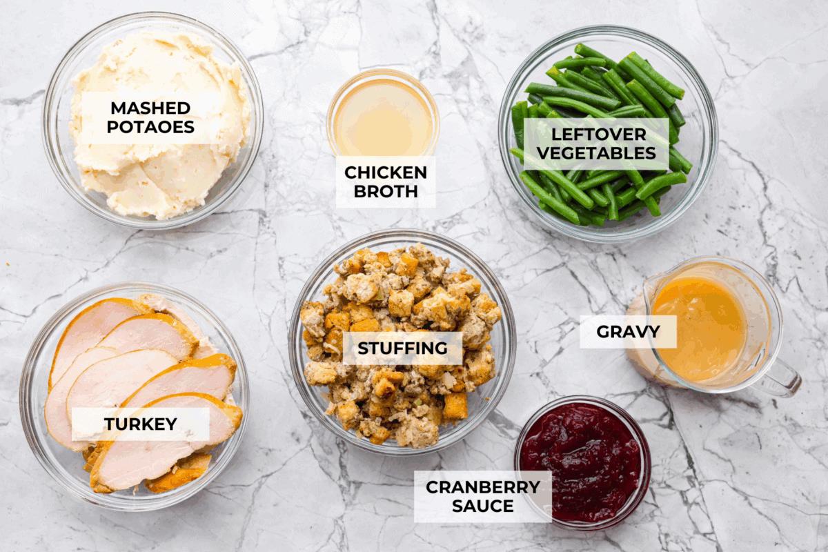 Overhead shot of labeled ingredients. 