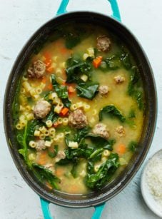 Large pot of Italian wedding soup.
