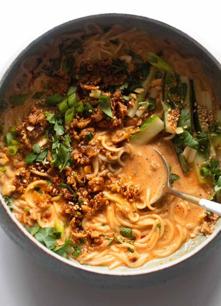 Ramen bowl with crispy tofu on top.