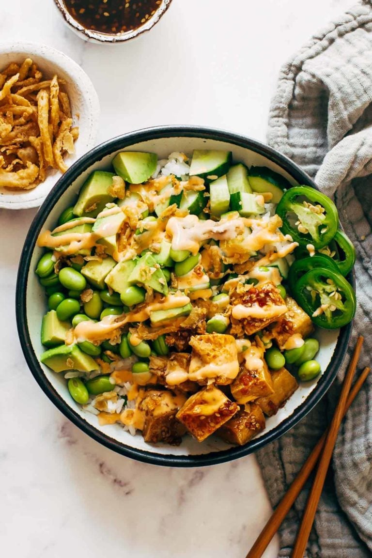 Crunchy roll bowls covered in spicy mayo.