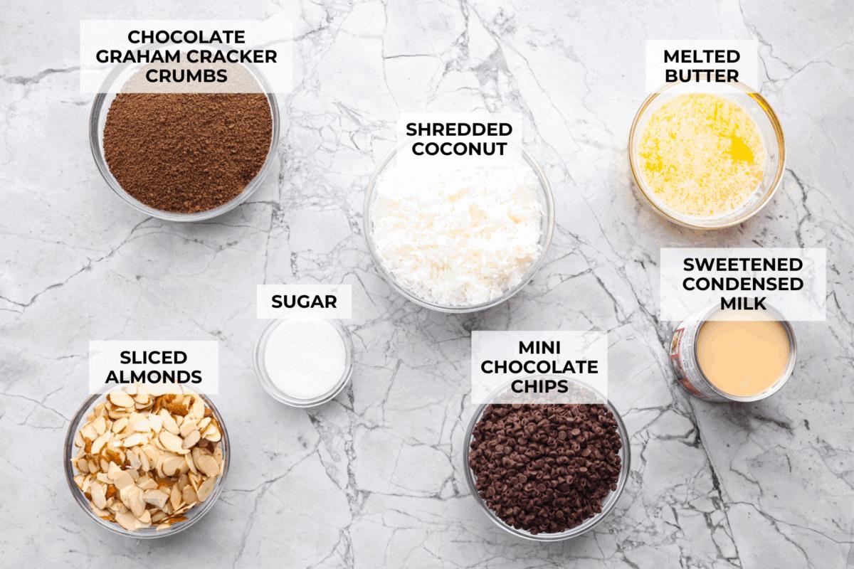 Overhead shot of labeled almond joy bars ingredients.