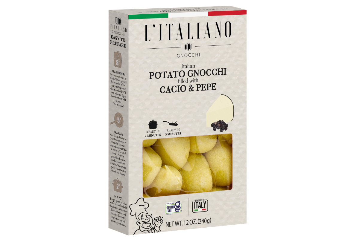 Il Pastaio Potato Gnocchi filled with Cacio e Pepe. Gluten-free Italian gnocchi. Ready in minutes.