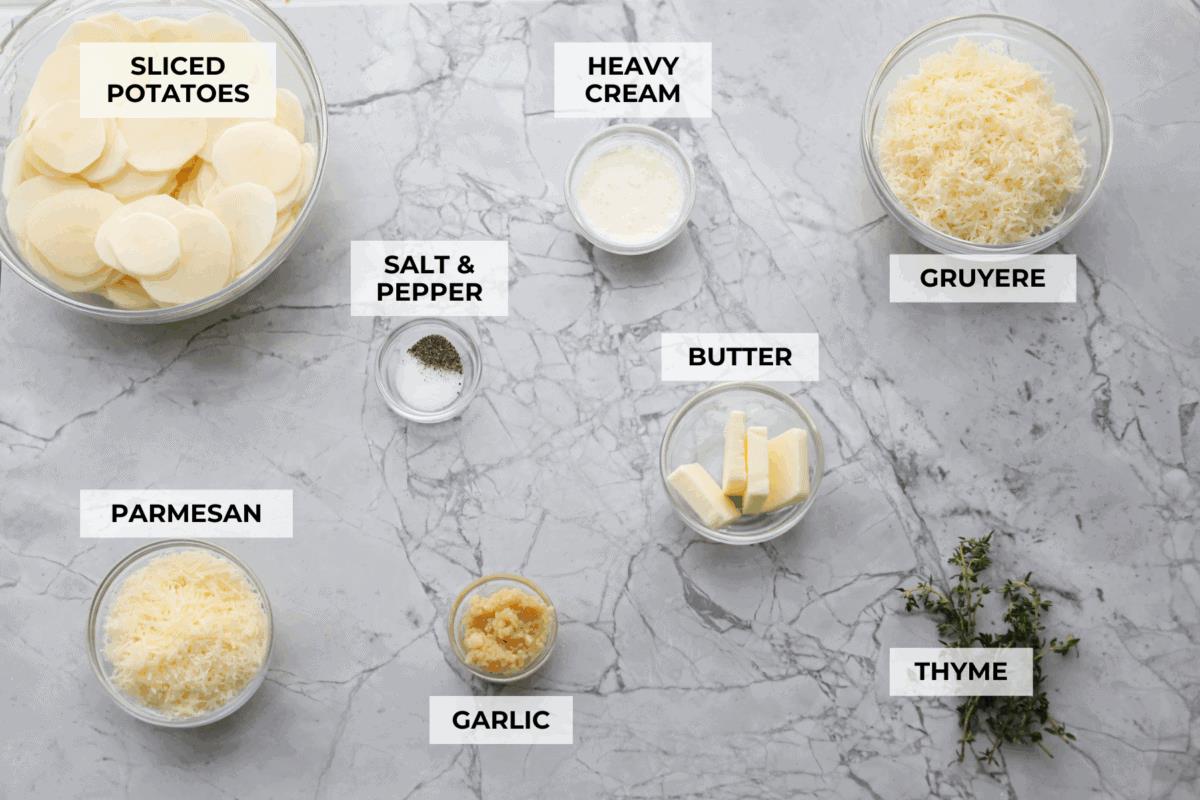 Overhead shot of labeled  ingredients. 