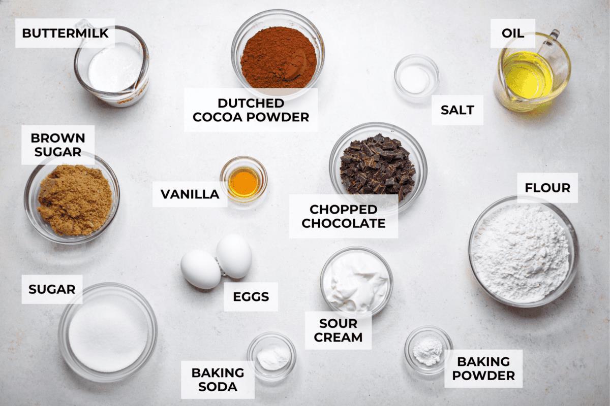 Overhead shot of labeled chocolate muffin ingredients. 