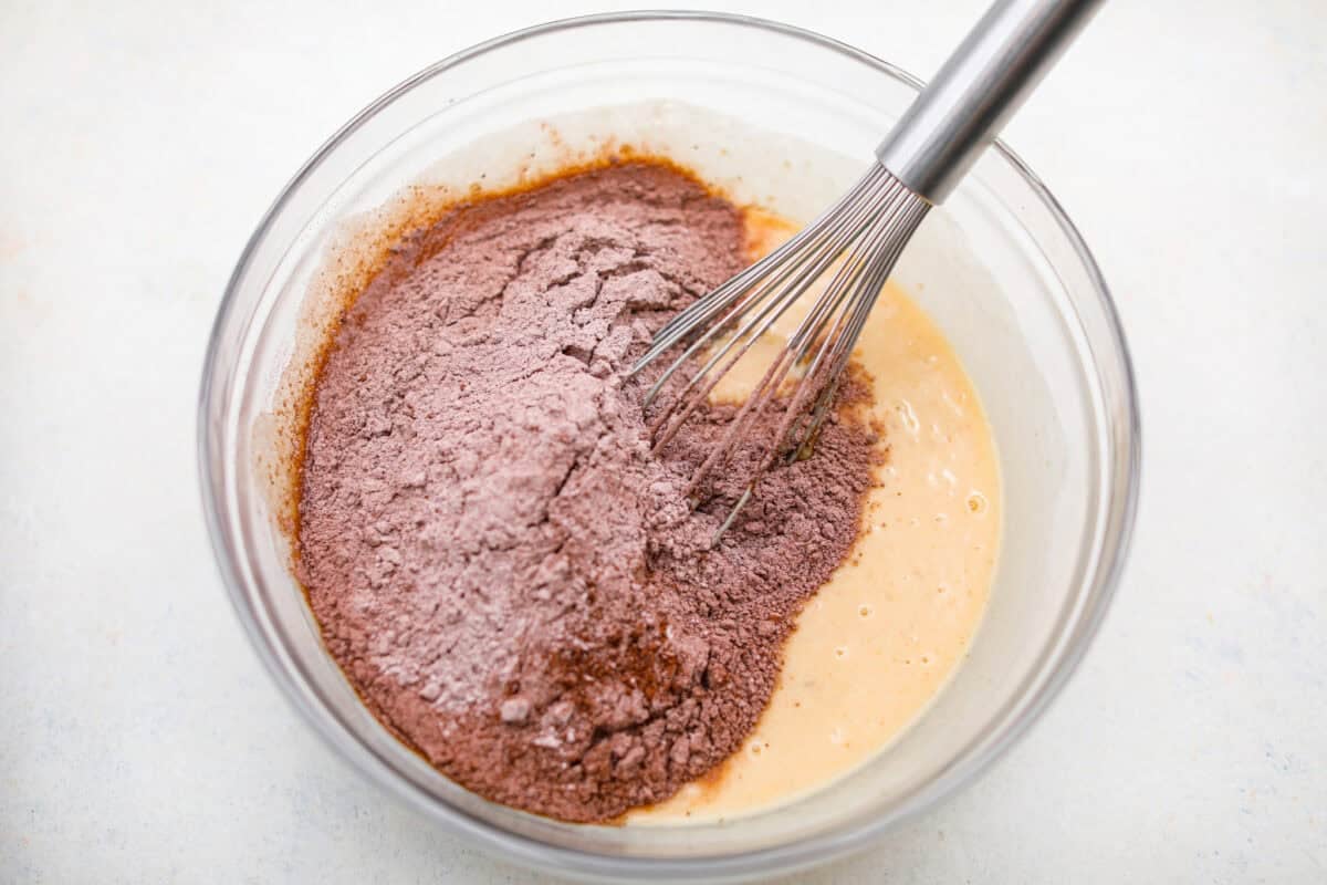 Dry ingredients added to the bowl with the buttermilk mixture. 