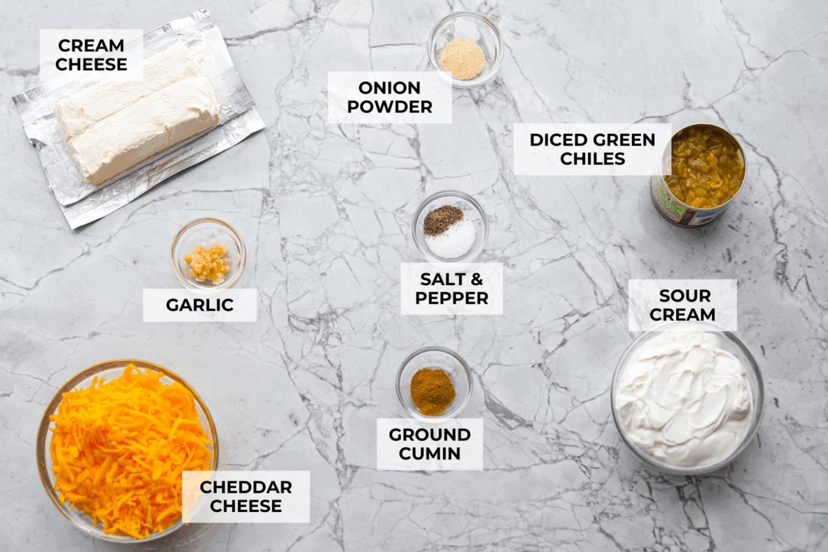 Overhead shot of labeled green chile dip ingredients. 
