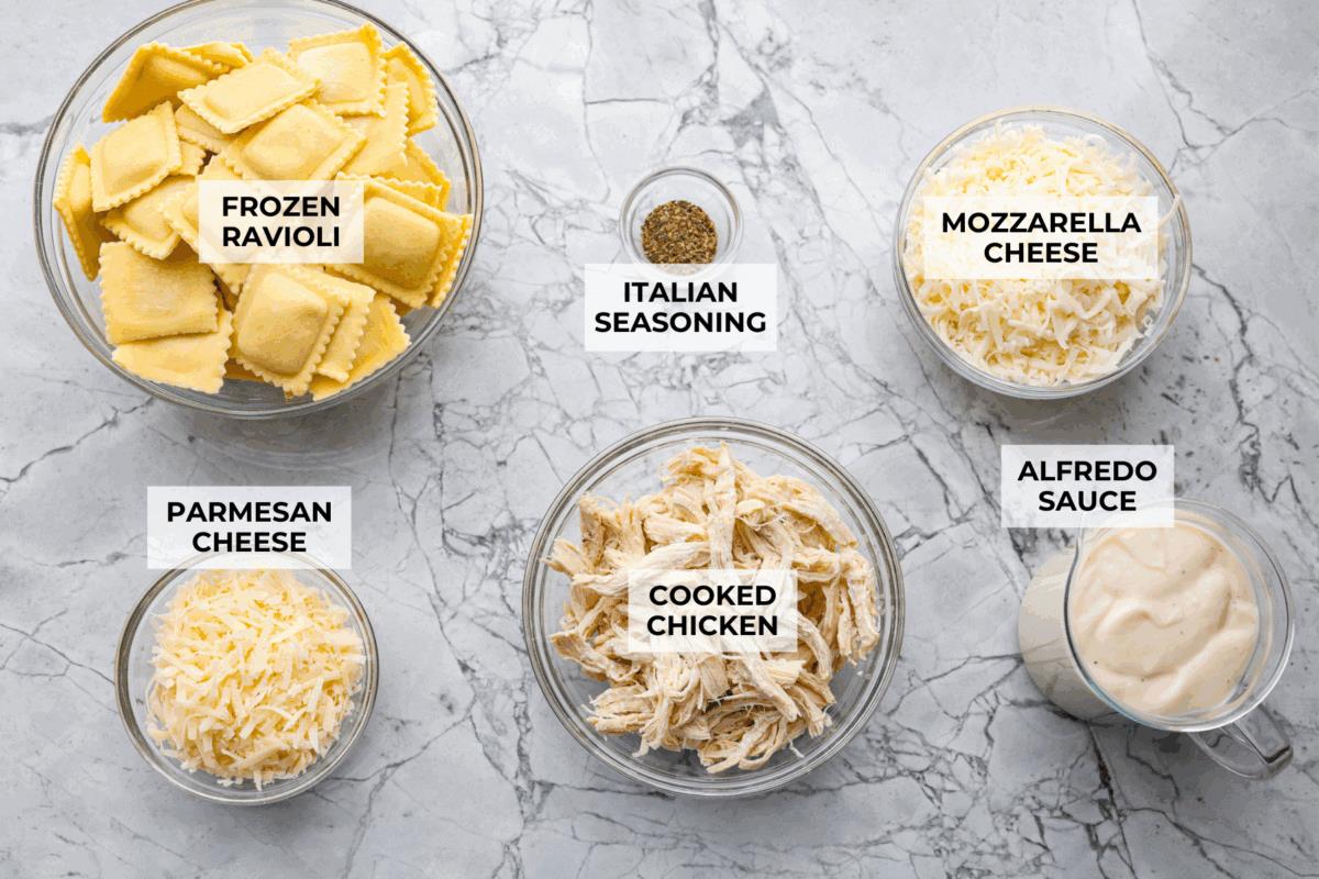 Overhead shot of labeled ingredients. 
