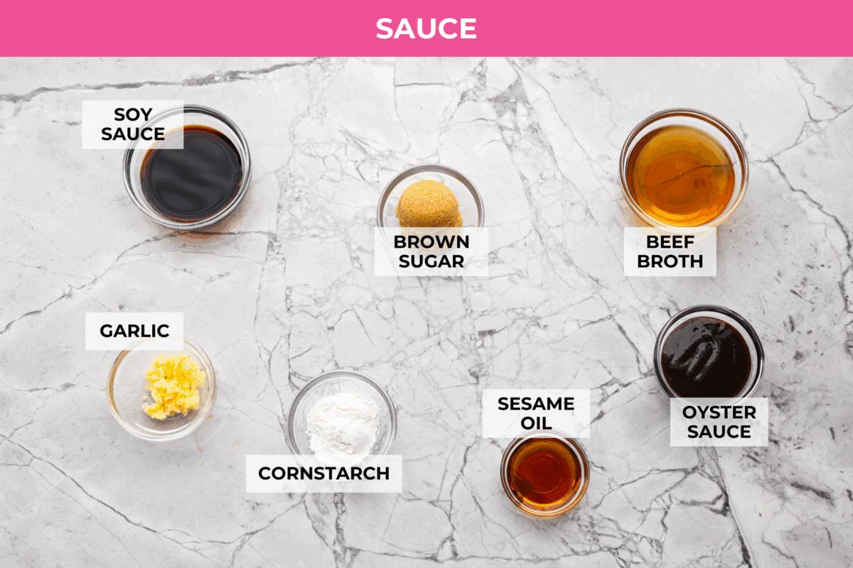 Overhead shot of beef chow mein ingredients. 