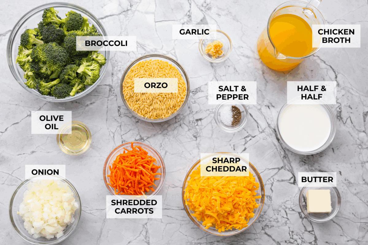 Overhead shot of labeled broccoli cheddar orzo ingredients. 