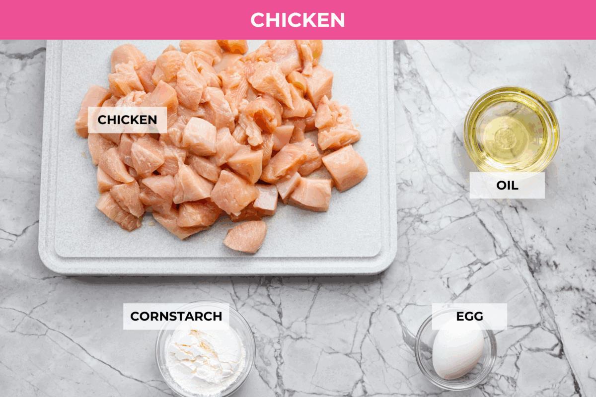 Overhead shot of labeled general Tso's chicken ingredients. 