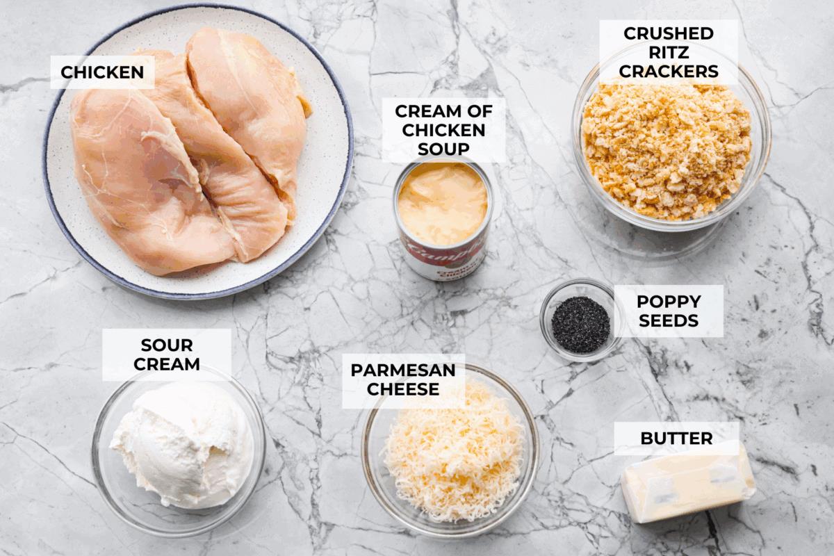 Overhead shot of labeled crockpot poppyseed chicken ingredients. 