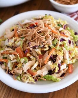Asian chicken salad on white plate.