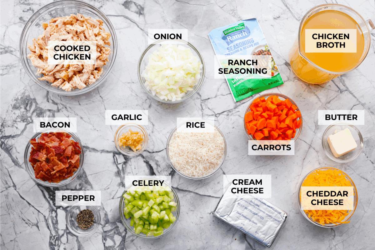 Overhead shot of labeled ingredients. 