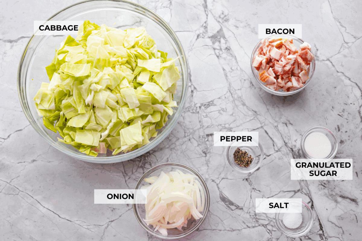 Overhead shot of labeled ingredients. 