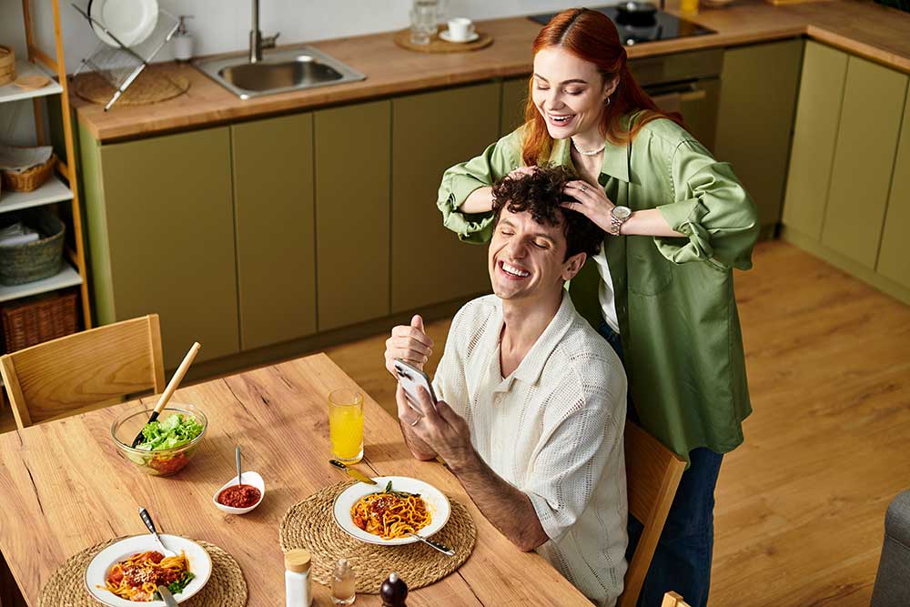 beautifully plated pasta with marinara sauce for romantic date night dinner at home