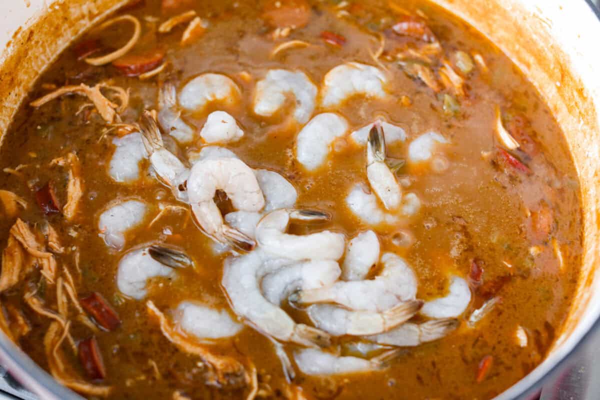 Raw Shrimp added to the pot.