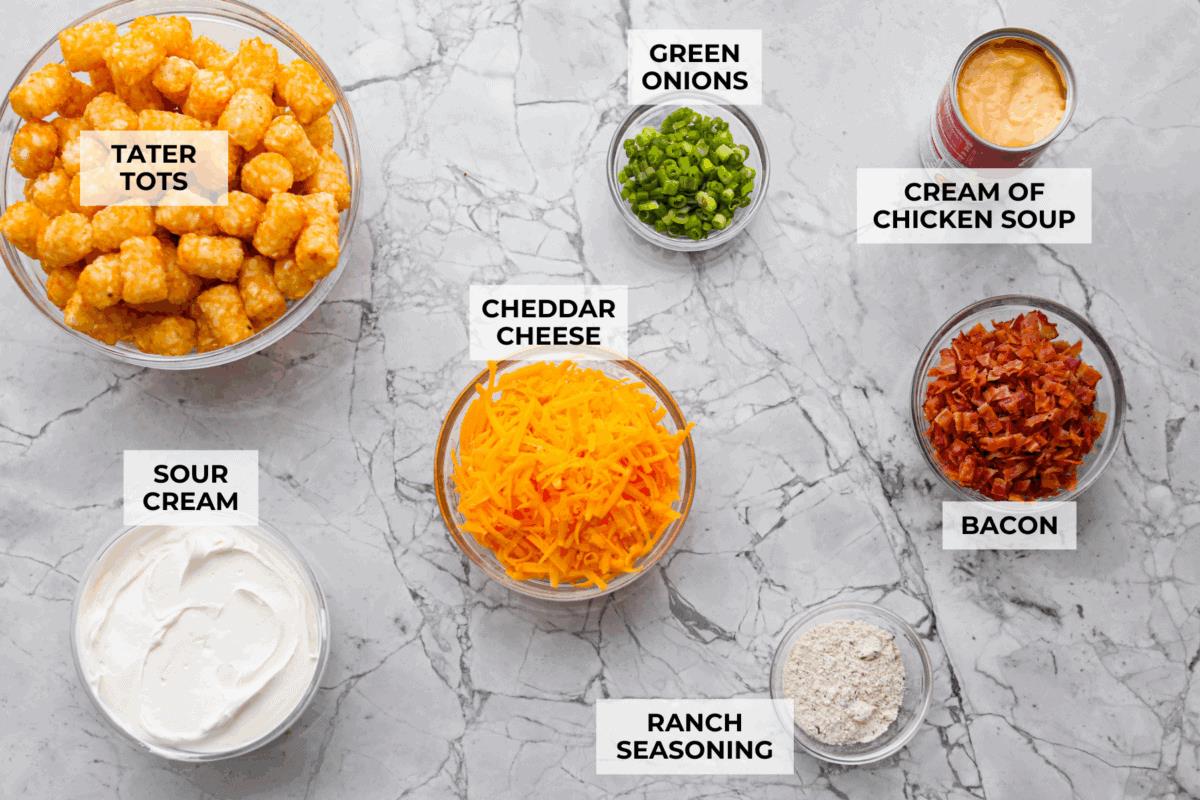 Overhead shot of labeled ingredients. 