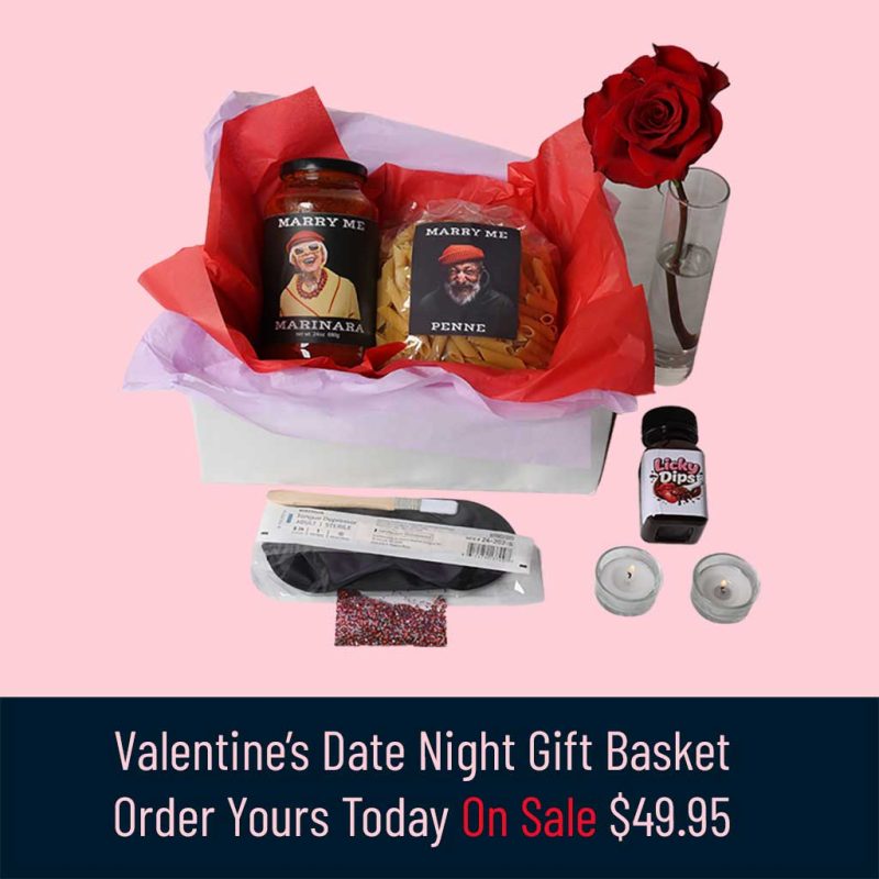 Valentine's Day Date Night Gift Basket with gourmet marinara, pasta, candles, and romance guide