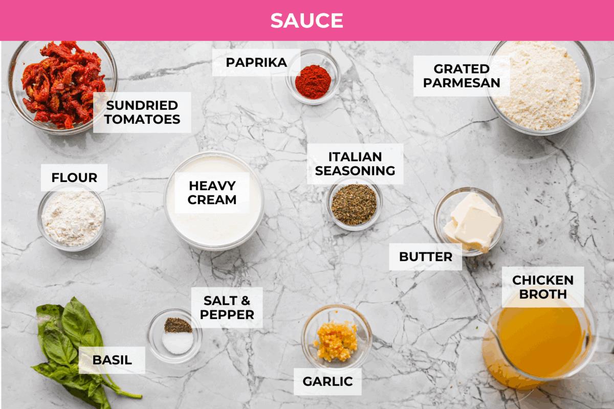 Overhead shot of the labeled marry me stuffed shells sauce ingredients.