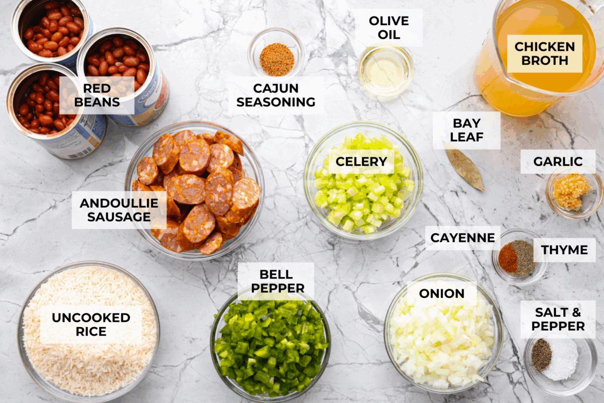 Overhead shot of labeled red beans and rice ingredients. 