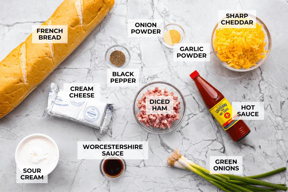 Overhead shot of labeled Mississippi sin dip ingredients. 