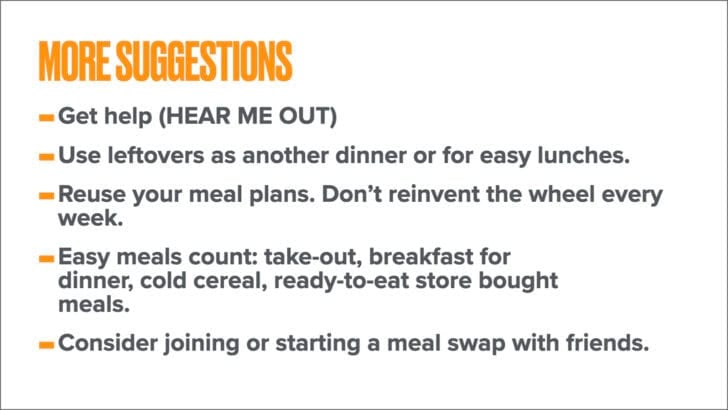 White background with orange lettering of more suggestions to meal plan.