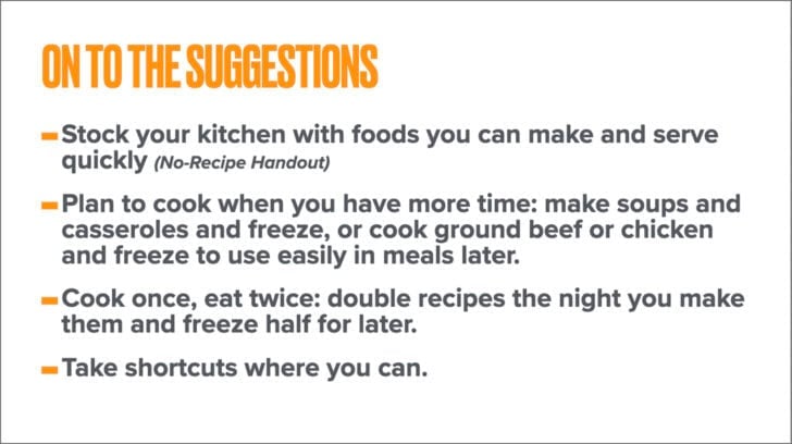 White background with suggestions on stocking kitchen with foods you can make and serve quickly.