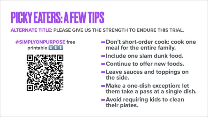 White background with purple text for tips for picky eaters.