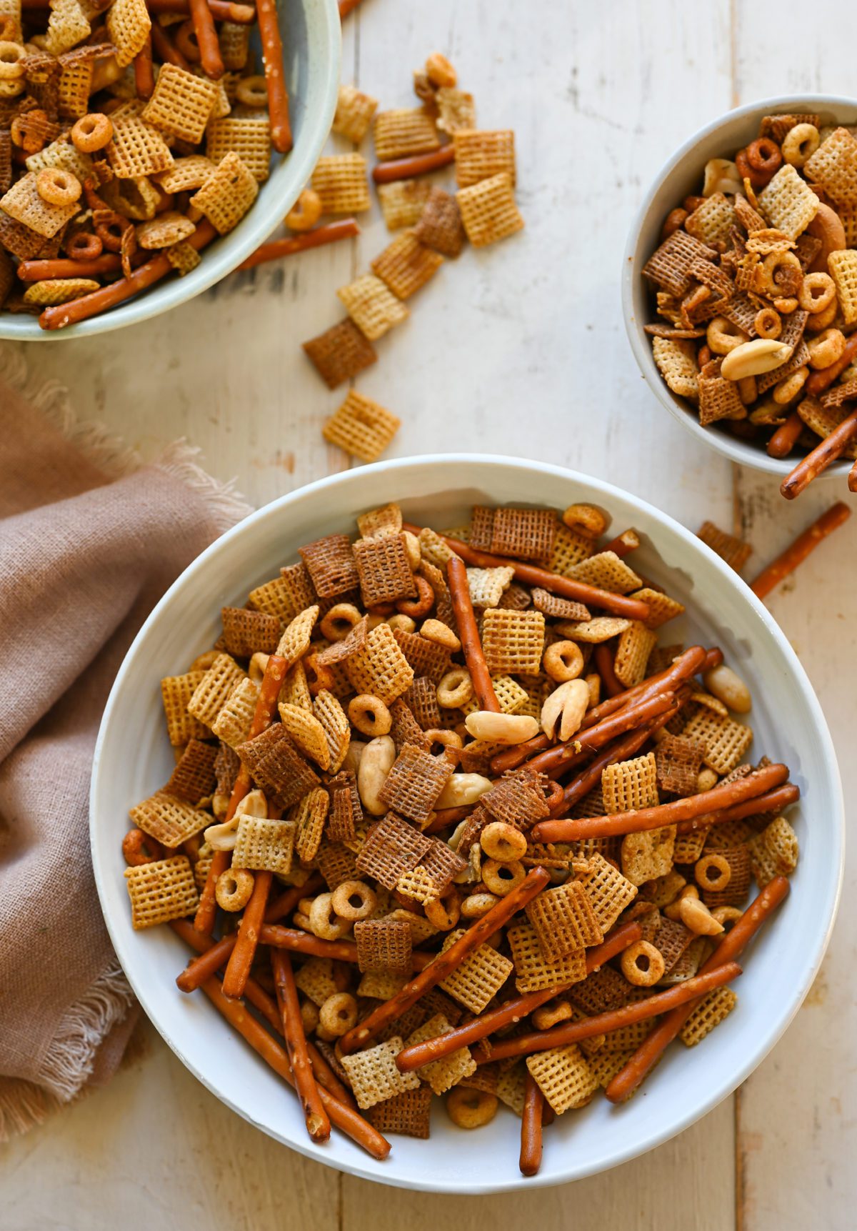 chex mix in bowls.