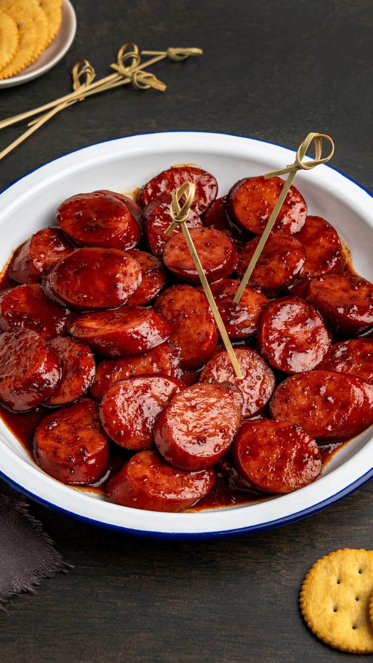 glazed kielbasa bites in white bowl
