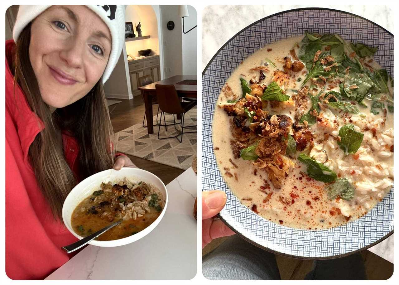 Lindsay holding broth bowl at table.