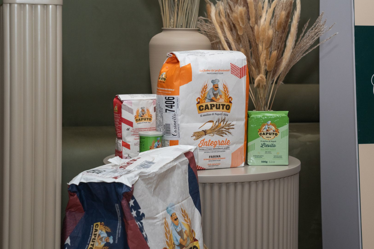 Caputo flour bags on display. Italian flour for pizza and baking. Caputo Integrale, Lievito, and Americana.